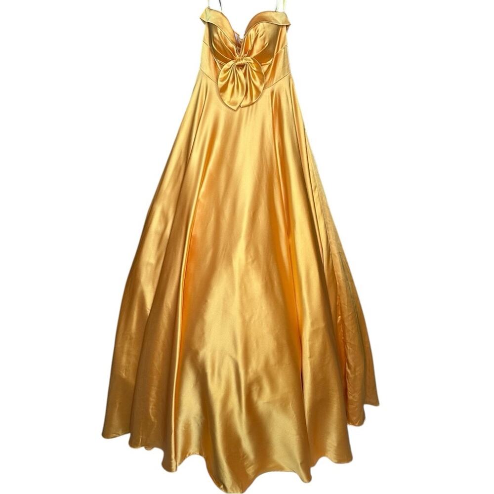 Mac Duggal Bow Sweetheart Strapless A Line Gown in Marigold 2 - Picture 2 of 12